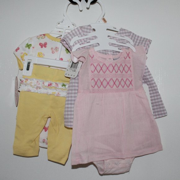 Little Lass Baby Girl Size 0-3M Lot of 6 Bodysuit Pants Bib Hat Yellow Pink NWT - Picture 2 of 14